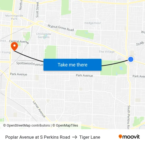 Poplar Avenue at S Perkins Road to Tiger Lane map