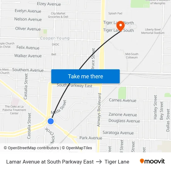 Lamar Avenue at South Parkway East to Tiger Lane map
