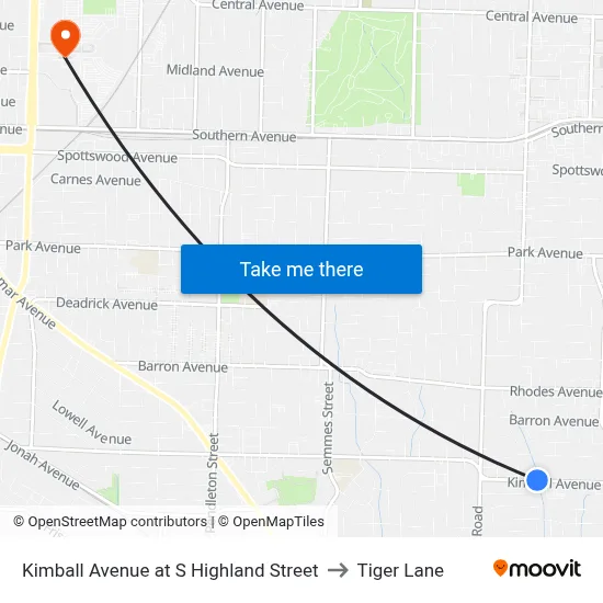 Kimball Avenue at S Highland Street to Tiger Lane map