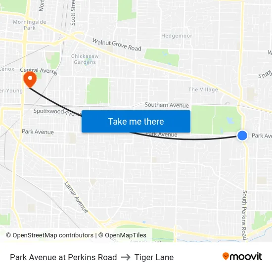 Park Avenue at Perkins Road to Tiger Lane map