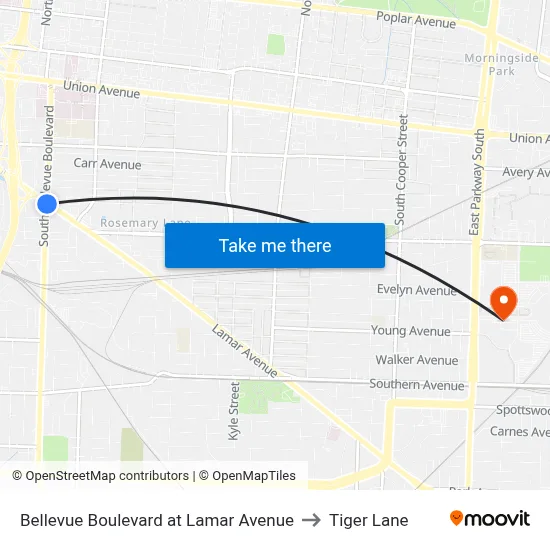 Bellevue Boulevard at Lamar Avenue to Tiger Lane map