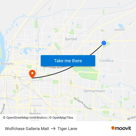 Wolfchase Galleria Mall to Tiger Lane map