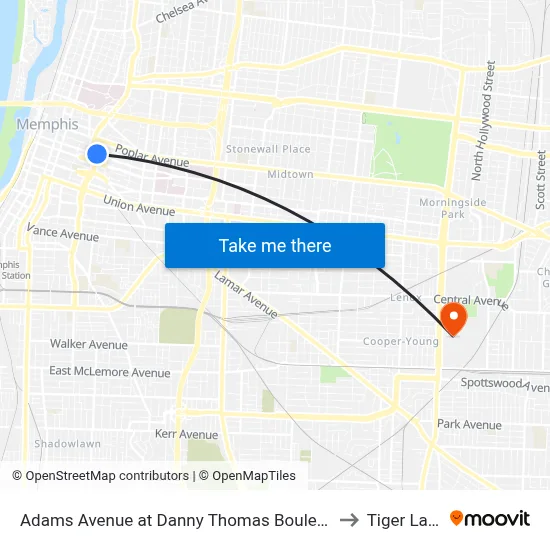 Adams Avenue at Danny Thomas Boulevard to Tiger Lane map