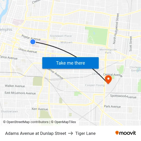 Adams Avenue at Dunlap Street to Tiger Lane map