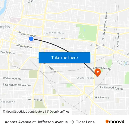 Adams Avenue at Jefferson Avenue to Tiger Lane map