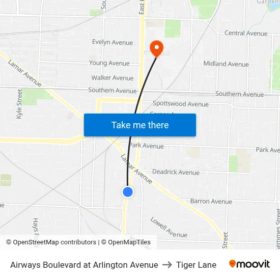Airways Boulevard at Arlington Avenue to Tiger Lane map