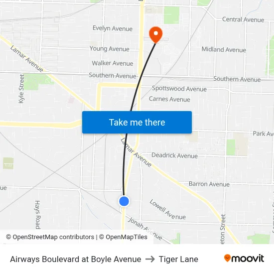 Airways Boulevard at Boyle Avenue to Tiger Lane map