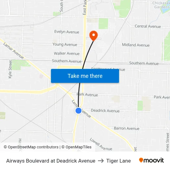 Airways Boulevard at Deadrick Avenue to Tiger Lane map