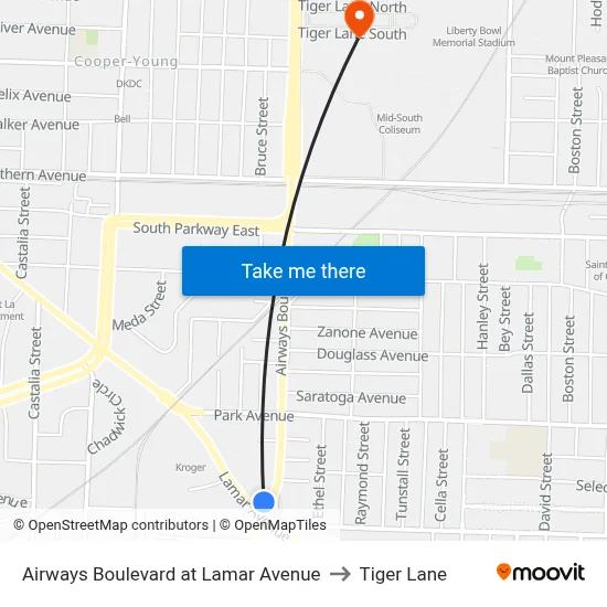 Airways Boulevard at Lamar Avenue to Tiger Lane map