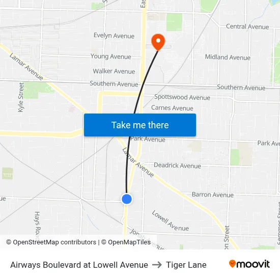 Airways Boulevard at Lowell Avenue to Tiger Lane map