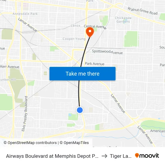 Airways Boulevard at Memphis Depot Pkwy to Tiger Lane map