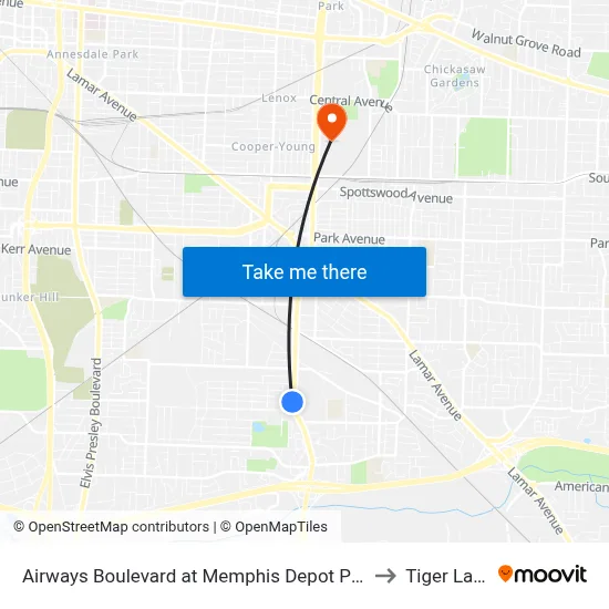 Airways Boulevard at Memphis Depot Pkwy to Tiger Lane map