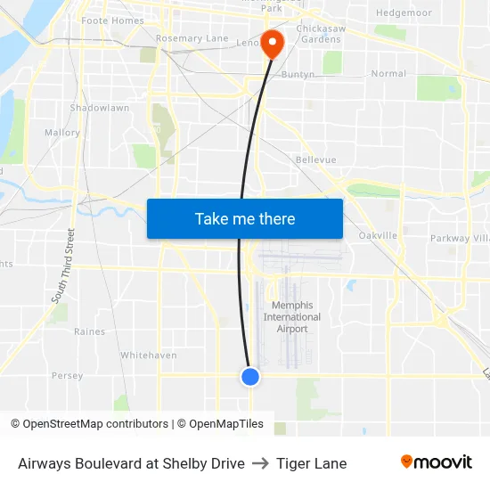 Airways Boulevard at Shelby Drive to Tiger Lane map