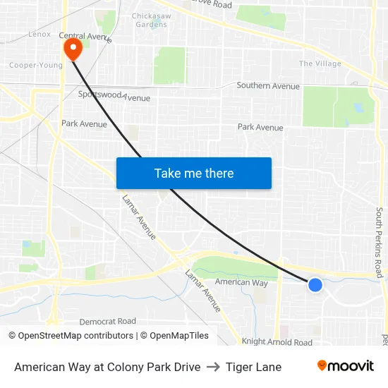 American Way at Colony Park Drive to Tiger Lane map