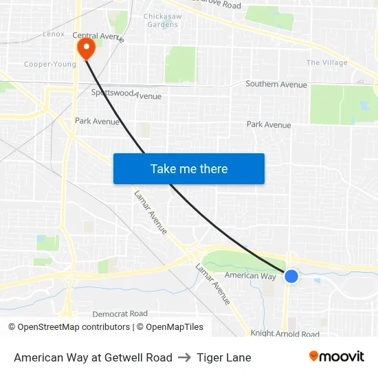 American Way at Getwell Road to Tiger Lane map