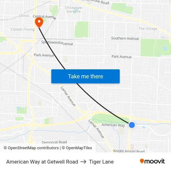 American Way at Getwell Road to Tiger Lane map