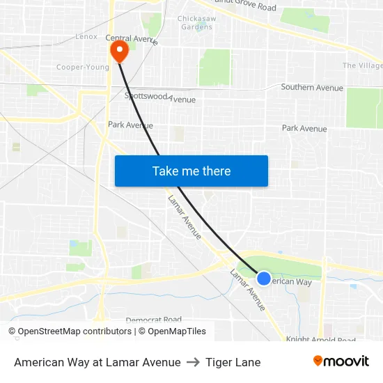 American Way at Lamar Avenue to Tiger Lane map
