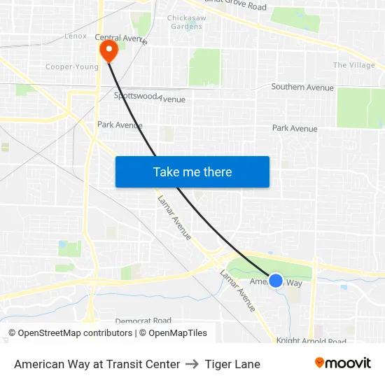 American Way at Transit Center to Tiger Lane map