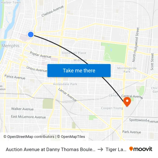 Auction Avenue at Danny Thomas Boulevard to Tiger Lane map