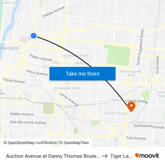 Auction Avenue at Danny Thomas Boulevard to Tiger Lane map