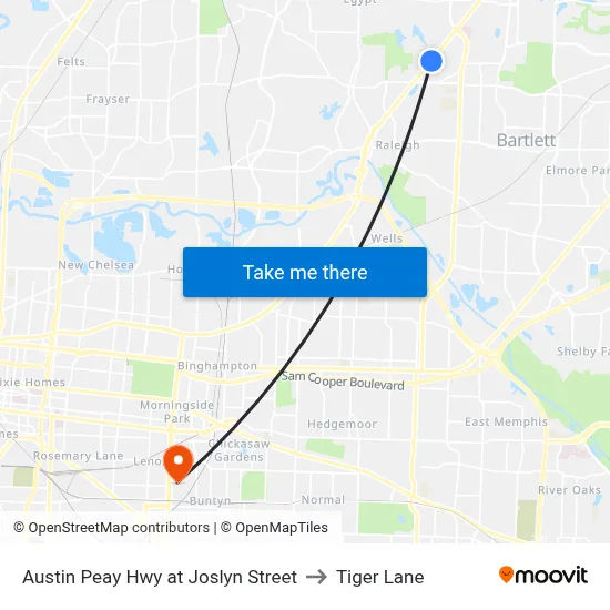 Austin Peay Hwy at Joslyn Street to Tiger Lane map
