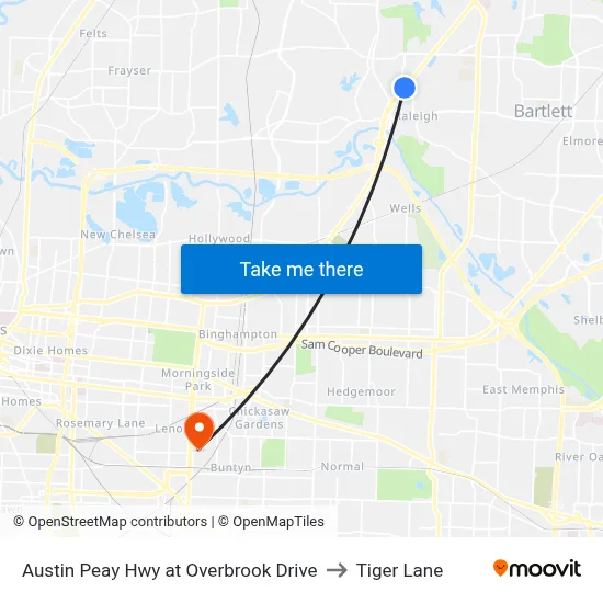 Austin Peay Hwy at Overbrook Drive to Tiger Lane map