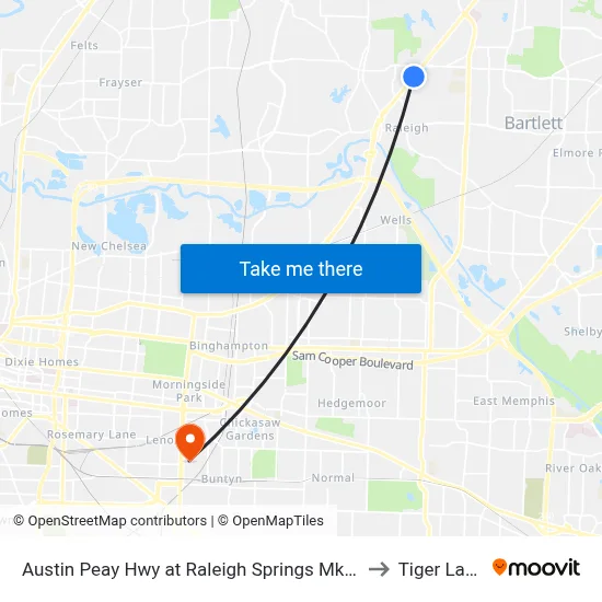 Austin Peay Hwy at Raleigh Springs Mktpl to Tiger Lane map