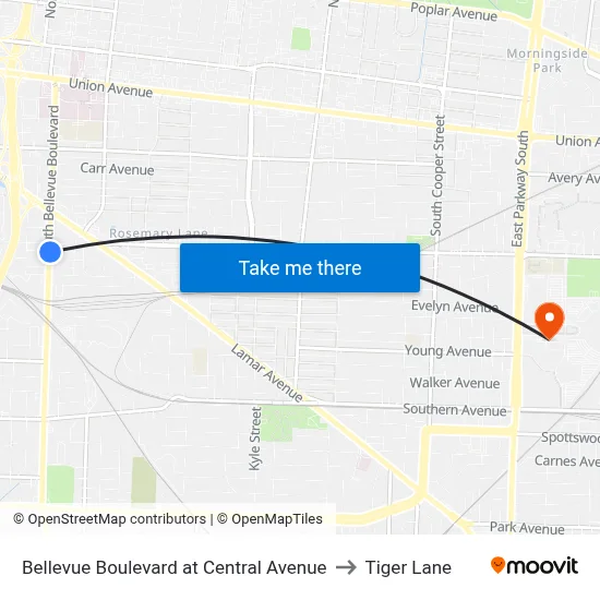 Bellevue Boulevard at Central Avenue to Tiger Lane map