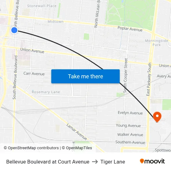 Bellevue Boulevard at Court Avenue to Tiger Lane map