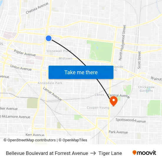 Bellevue Boulevard at Forrest Avenue to Tiger Lane map