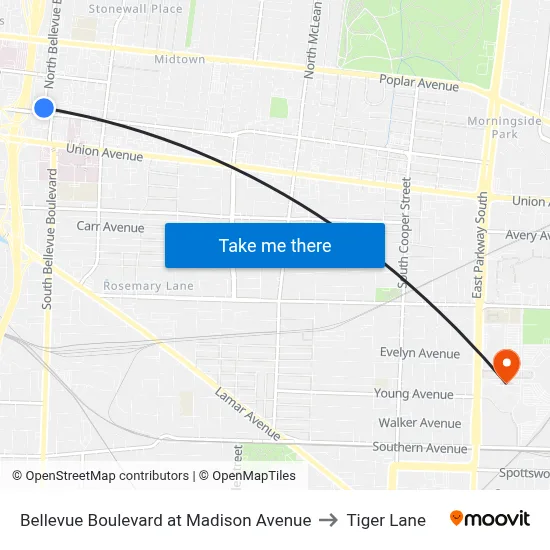 Bellevue Boulevard at Madison Avenue to Tiger Lane map