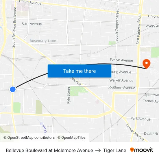 Bellevue Boulevard at Mclemore Avenue to Tiger Lane map