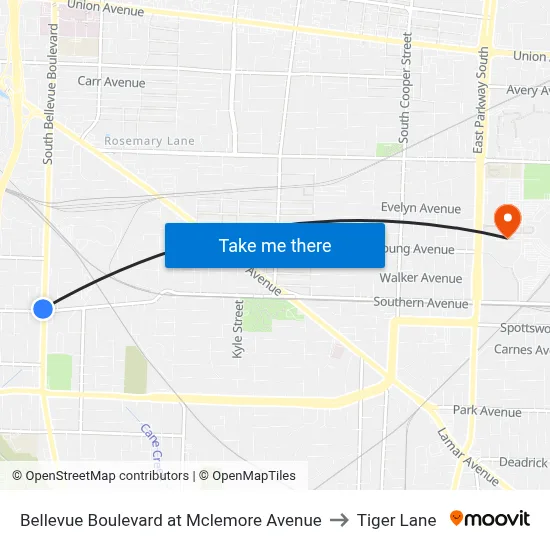 Bellevue Boulevard at Mclemore Avenue to Tiger Lane map