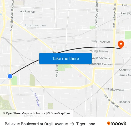 Bellevue Boulevard at Orgill Avenue to Tiger Lane map
