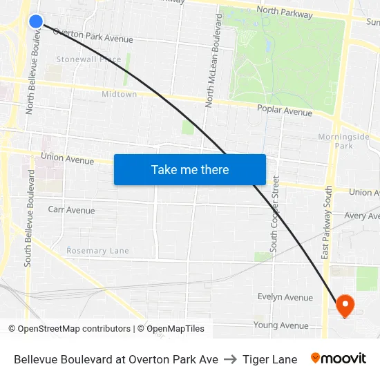 Bellevue Boulevard at Overton Park Ave to Tiger Lane map