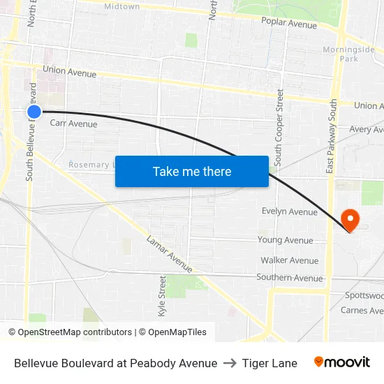 Bellevue Boulevard at Peabody Avenue to Tiger Lane map