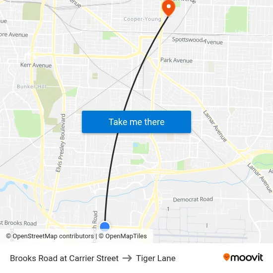 Brooks Road at Carrier Street to Tiger Lane map