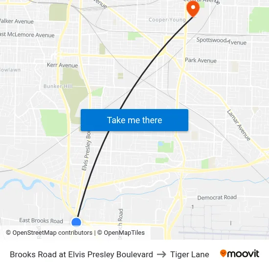 Brooks Road at Elvis Presley Boulevard to Tiger Lane map