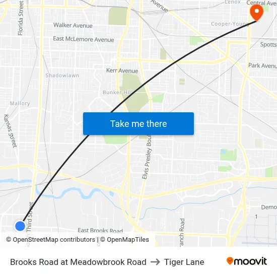 Brooks Road at Meadowbrook Road to Tiger Lane map