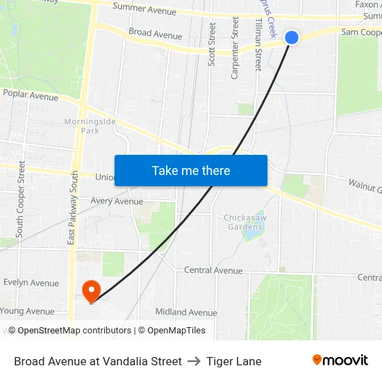 Broad Avenue at Vandalia Street to Tiger Lane map