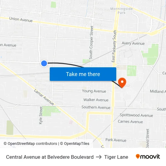 Central Avenue at Belvedere Boulevard to Tiger Lane map