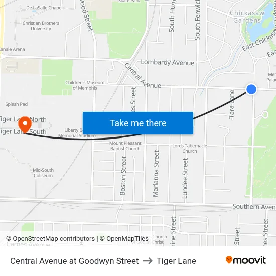 Central Avenue at Goodwyn Street to Tiger Lane map