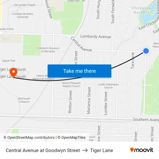 Central Avenue at Goodwyn Street to Tiger Lane map