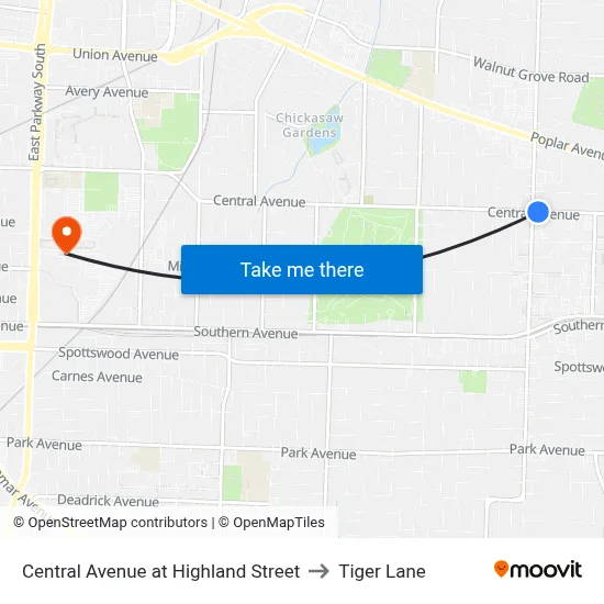 Central Avenue at Highland Street to Tiger Lane map