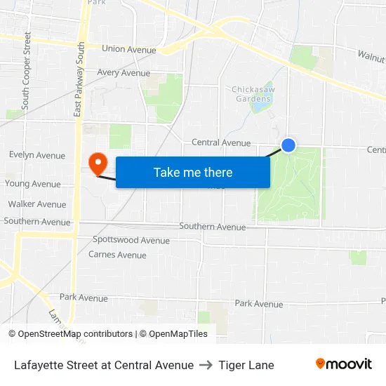 Lafayette Street at Central Avenue to Tiger Lane map
