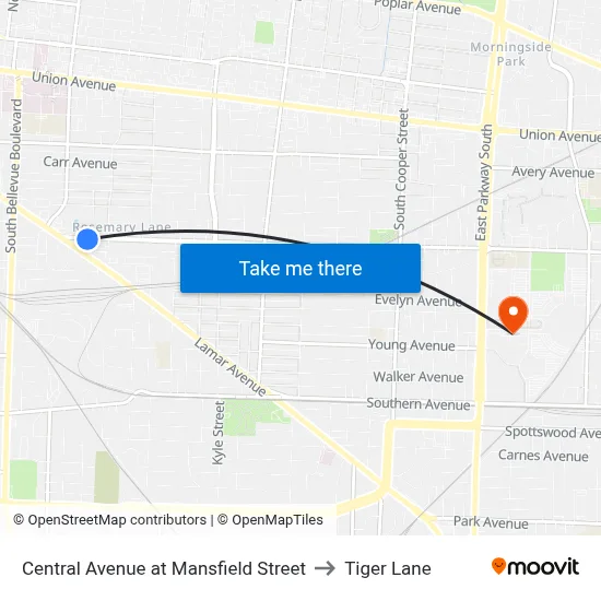 Central Avenue at Mansfield Street to Tiger Lane map