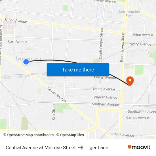 Central Avenue at Melrose Street to Tiger Lane map