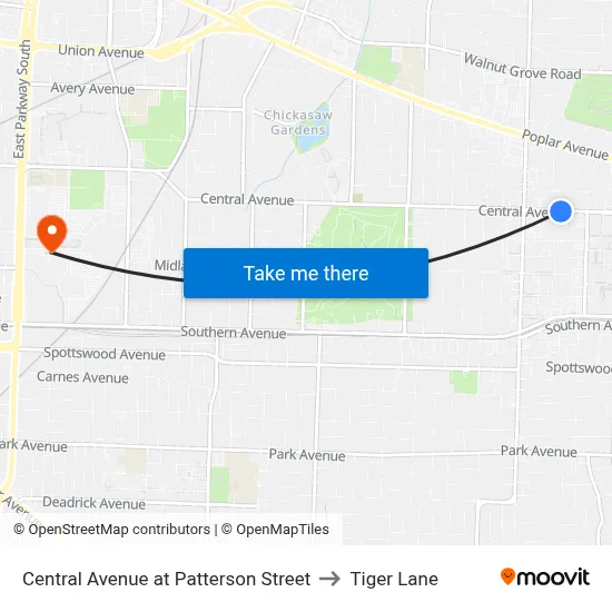 Central Avenue at Patterson Street to Tiger Lane map