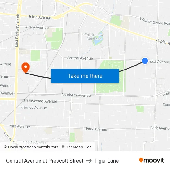 Central Avenue at Prescott Street to Tiger Lane map