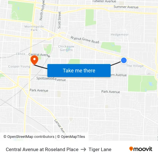 Central Avenue at Roseland Place to Tiger Lane map
